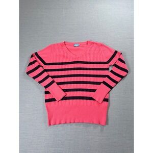 Cielo V-Neck Sweater Womens Medium Pink Navy Blue Excellent Striped Cable Knit